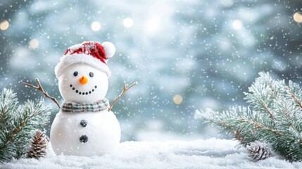 Happy snowman standing in christmas landscape. Snow background with copy space