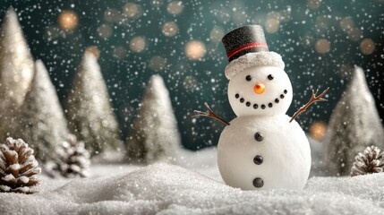 Fototapeta premium Happy snowman standing in christmas landscape. Snow background with copy space