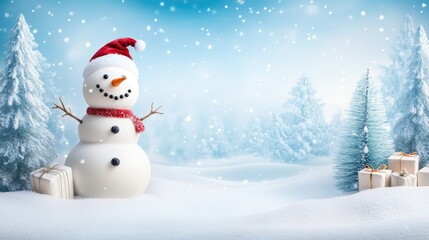 Fototapeta premium Happy snowman standing in christmas landscape. Snow background with copy space