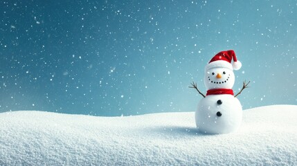 Fototapeta premium Happy snowman standing in christmas landscape. Snow background with copy space