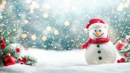 Fototapeta premium Happy snowman standing in christmas landscape. Snow background with copy space