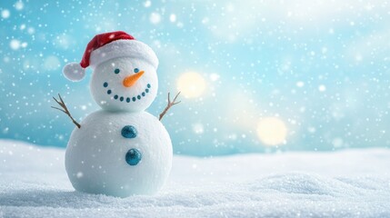 Fototapeta premium Happy snowman standing in christmas landscape. Snow background with copy space