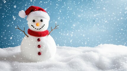 Obraz premium Happy snowman standing in christmas landscape. Snow background with copy space