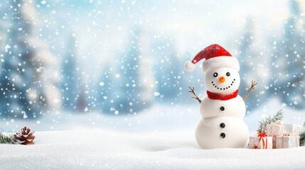 Obraz premium Happy snowman standing in christmas landscape. Snow background with copy space