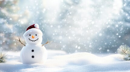 Obraz premium Happy snowman standing in christmas landscape. Snow background with copy space