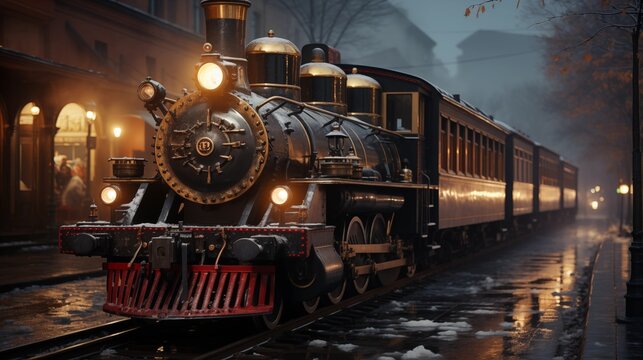 Image of vintage Christmas decorated train at night on a railroad station