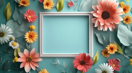 Floral Frame with White Background  Blank Canvas  Minimalist  Blue Background