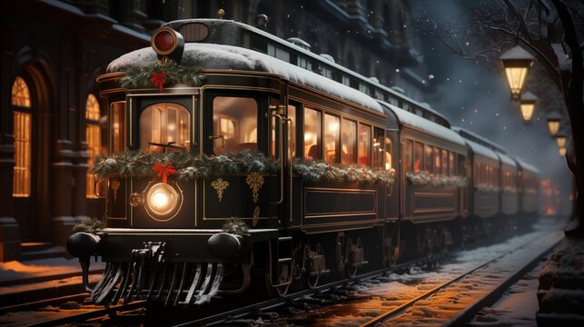 Image of vintage Christmas decorated train at night on a railroad station