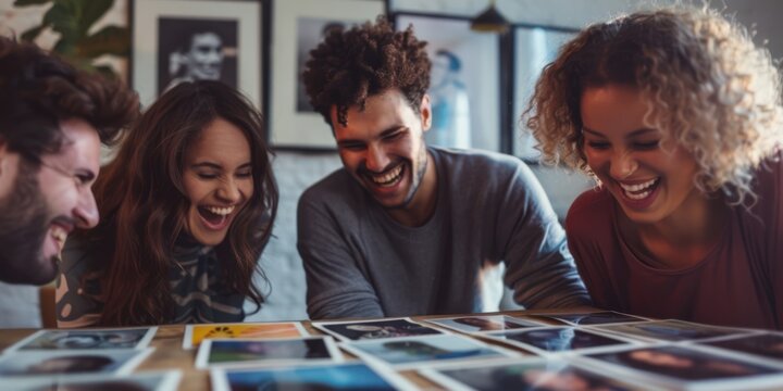 A group of friends looking at a collection of photos, sharing laughs and stories