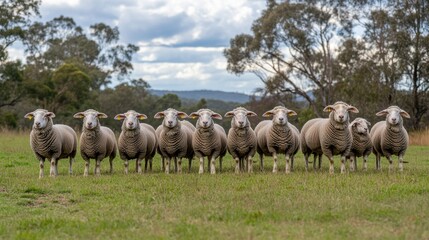 Obraz premium A herd of a group of sheep standing in the grass, AI