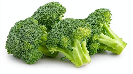 Fresh broccoli clusters on a white background.