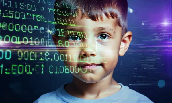 Exploring technology and imagination: A young boy engages with a digital world full of coding and creativity in an innovative learning environment. Generative AI