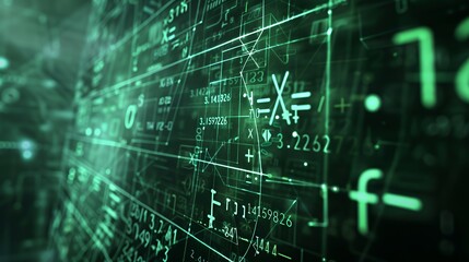 Obraz premium A digital representation of data with green lines and symbols, suggesting technology and analysis.