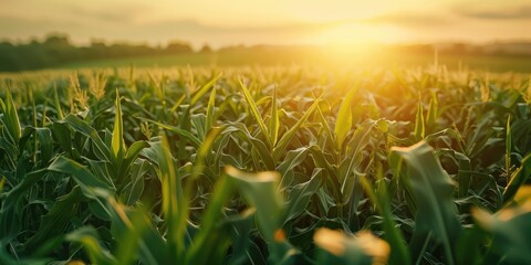 Sunset view of an open cornfield Lush corn bean fields in the early summer