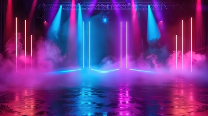 Neon lights illuminate a stage with fog, creating a colorful abstract background.