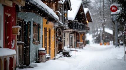 A snowy street lined with colorful houses in a tranquil winter setting.