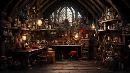 Obraz premium Inside Santa's North Pole workshop, merry elves craft gifts for the grand Christmas night, spreading joy worldwide