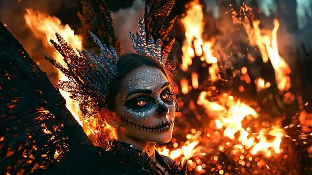 dark fantasy evil angel with black wings, burning hell as background