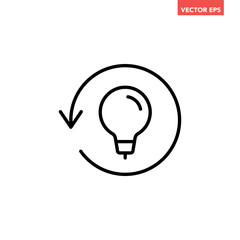 Single black replace lightbulb line icon, simple round repeat idea arrow flat design illustration pictogram for infographic interface elements for app logo web button ui isolated on white background