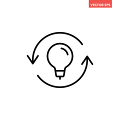 Single black replace lightbulb line icon, simple round repeat idea arrow flat design illustration pictogram for infographic interface elements for app logo web button ui isolated on white background