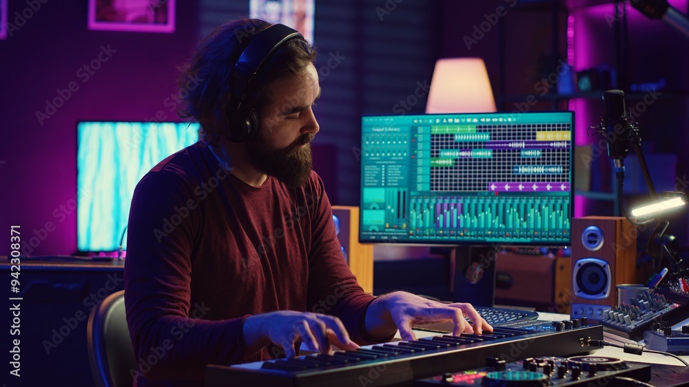 Poster Artist playing piano keyboard and recording sounds for mix and master session, using daw software interface to produce new songs. Music producer composing tunes with midi controller. Camera A.
