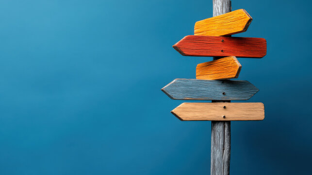 Wooden post with vibrant directional signs against a blue background, symbolizing choices, directions, and decision-making.