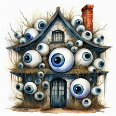House with many eyeballs, scary watercolor illustration isolated on white background. Halloween's Day elements, Can be used as wallpaper, poster, banner, invitation or greeting card