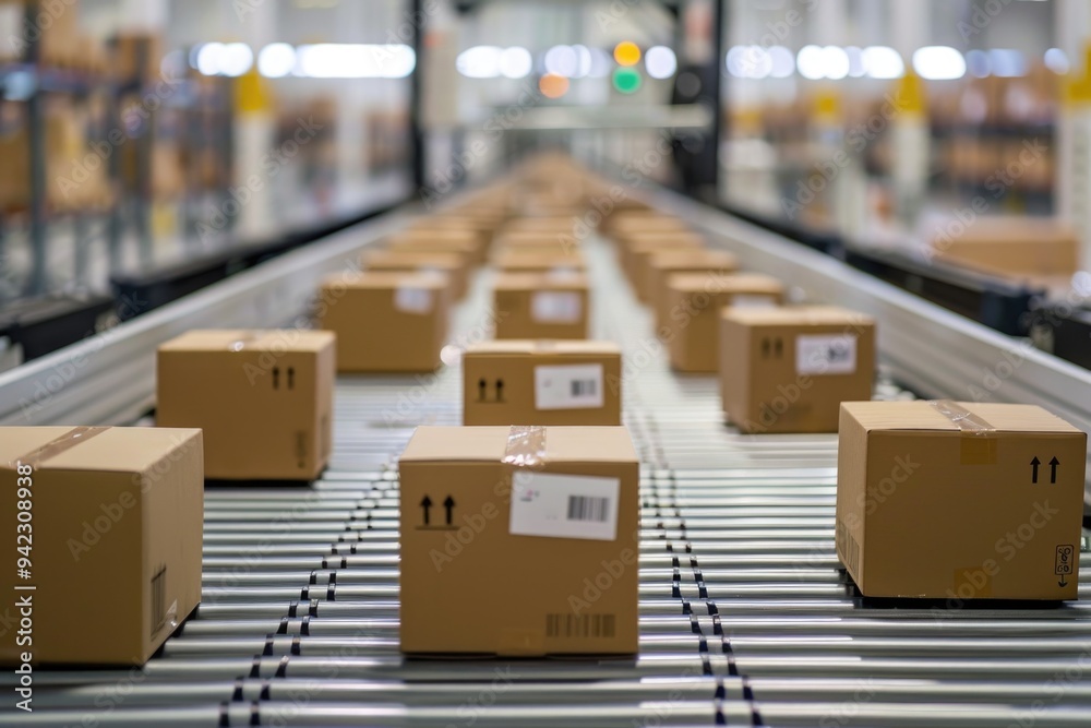 Poster warehouse scene with boxes moving on conveyor belt