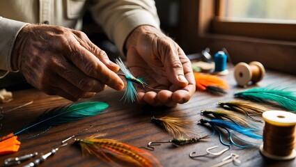 A skilled artisan meticulously ties vibrant fishing flies, showcasing a blend of colorful feathers and hooks, embodying traditional craftsmanship.