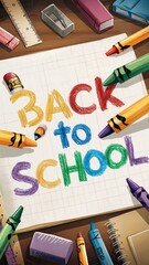 A delightful illustration of a pencil and crayons on a desk, collaborating to draw the letters "Back to School"