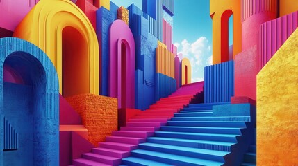 Abstract Colorful Architecture with Stairs and Arches