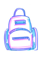 A backpack hand-drawn with a felt-tip pen on a white background. The illustration with a marker is a backpack, an isolated element. Doodle-style school supplies, graphic creative drawing