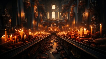Fototapeta premium Lots of candles burning in church during Christmas time. Celebrating Christmas in church. Festive church decoration.