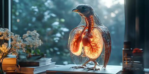  Bird Anatomy on Desk, Scientific Study of Avian Biology ,Transparent Bird Model in Study Room, Avian Biology Visualization  