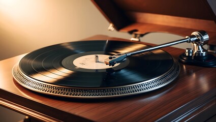 Close-up of a classic turntable playing a vinyl record, evoking nostalgia and the rich sounds of music. Perfect for music lovers and vintage enthusiasts.