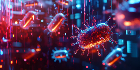 Microscopic View of Bacteria, Digital Science Visualization in Red and Blue , Bacteria under Microscope, Scientific Digital Art with Bright Colors