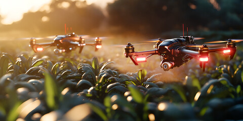 Advanced Agricultural Drones in a Field at Sunset, Modern Farming Technology , Drones in Agriculture, Sunset Scene with Smart Farming Innovation 
