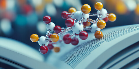  Molecular Structure Close-Up on Book, Science and Research Concept , Detailed Molecular Model on Open Book, Scientific Study Illustration 