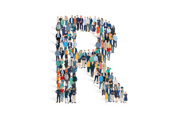 Illustration vectorielle représentant la lettre R de l'alphabet constituée d'une foule de personnages d'âge, de races et de sexes différents