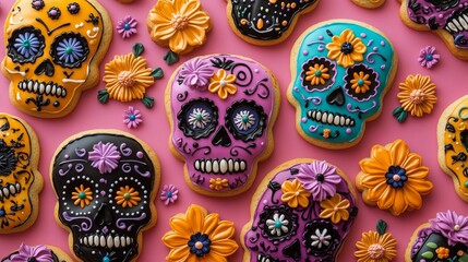Fototapeta premium A pattern of sugar skull shaped cookies decorated with colorful icing and flowers, dia de los muertos theme on a pink background, top view