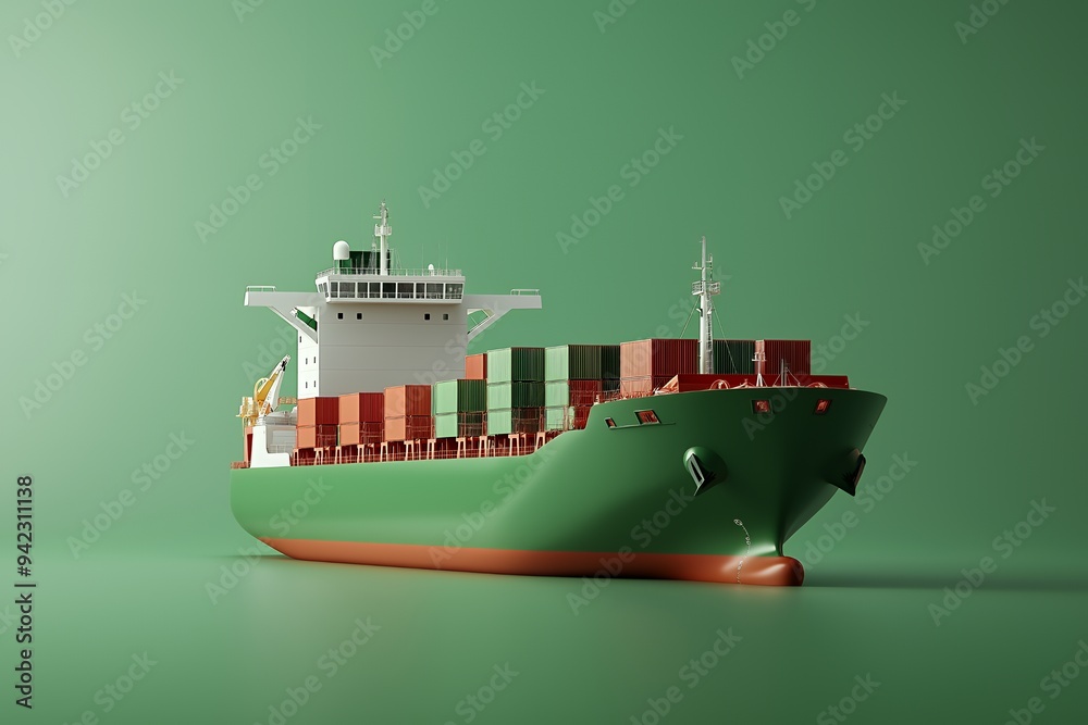 Wall mural a cargo ship loaded with colorful containers, representing global trade and transport.