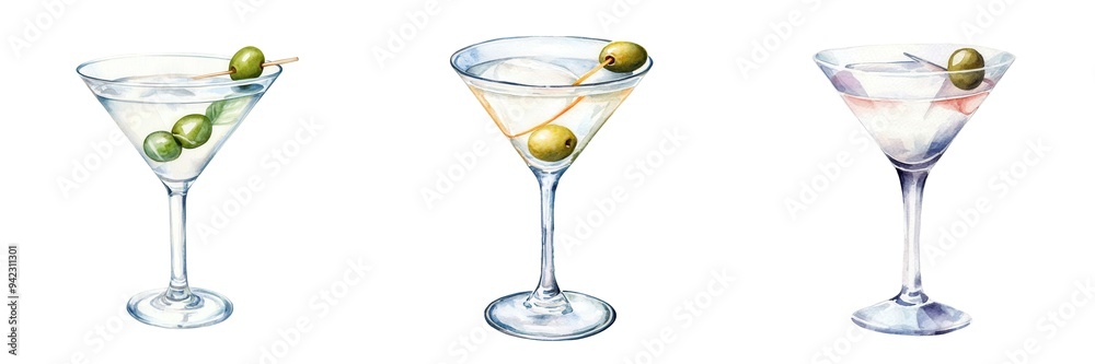 Wall mural a martini glass with olive, beverage symbol, watercolor clipart, classic cocktail, isolated on white