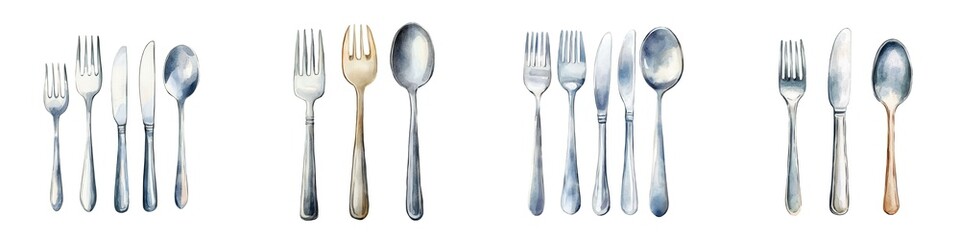 A set of silver cutlery, food symbol, watercolor painting, elegant dining, isolated on white background