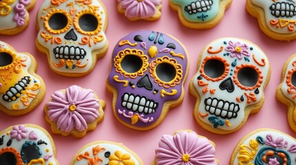 A pattern of sugar skull shaped cookies decorated with colorful icing and flowers, dia de los muertos theme on a pink background, top view