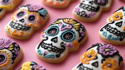 A pattern of sugar skull shaped cookies decorated with colorful icing and flowers, dia de los muertos theme on a pink background, top view