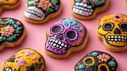 A pattern of sugar skull shaped cookies decorated with colorful icing and flowers, dia de los muertos theme on a pink background, top view