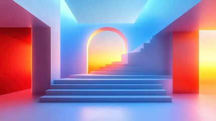 Obraz premium Abstract Minimalist Staircase with Colorful Light and Archway