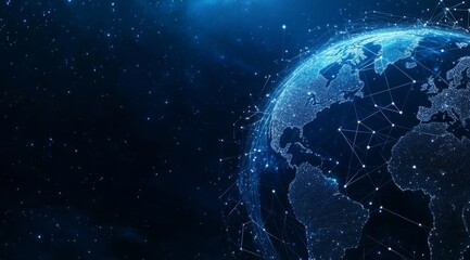 This is a stunning abstract representation of a digital globe that is beautifully interconnected with glowing lines and nodes, all set against a mesmerizing cosmic background filled with stars