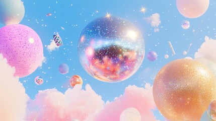 Fototapeta premium Pastel Glitter Spheres and Clouds Abstract Background