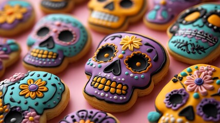 A pattern of sugar skull shaped cookies decorated with colorful icing and flowers, dia de los muertos theme on a pink background, top view